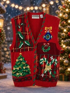 Jennifer Moore Red Green Knitted Christmas Vest Large